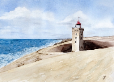 Postkarte DIN-A5 Aquarell Maritim Kunst Druck Kunstdruck Nordsee Dänemark Danmark Leuchtturm Rubjerg Knude Düne Blokhus Lokken Sonnenuntergang